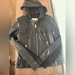 Michael Kors Quilted Leather Moto Jacket with Hood Black Full Zip Small Women’s